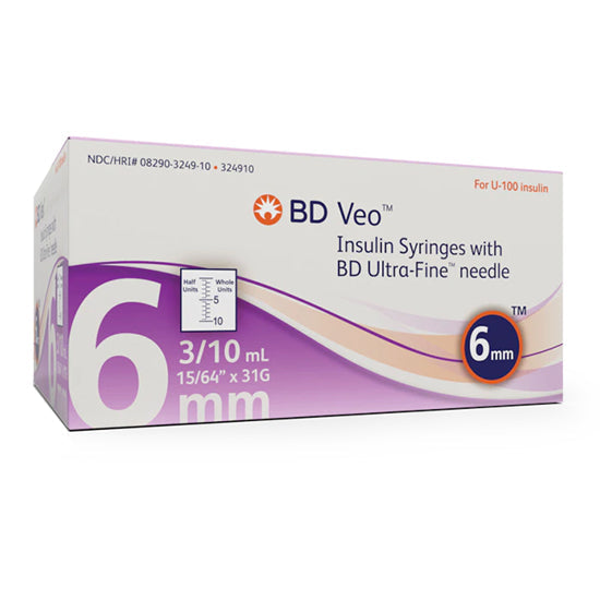 Becton Dickinson Veo Insulin Syringe with BD Ultra-Fine Needle, 31G x 6mm, 3/10 mL/cc (324910)