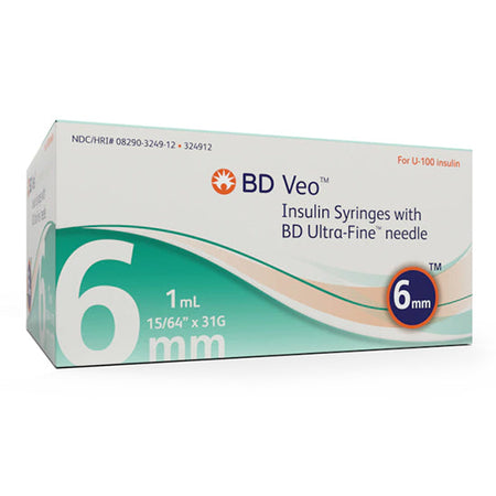Becton Dickinson Veo Insulin Syringe with BD Ultra-Fine Needle, 31G x 6mm, 1 mL/cc (324912)