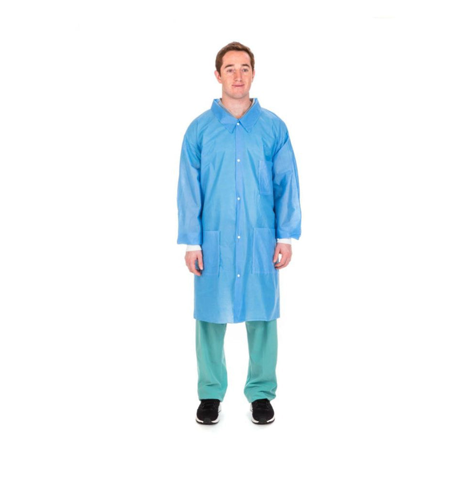 Cardinal Health SMS Lab Coat with Tradiational Collar and Knit Cuffs, Medium, Blue (2201LC)