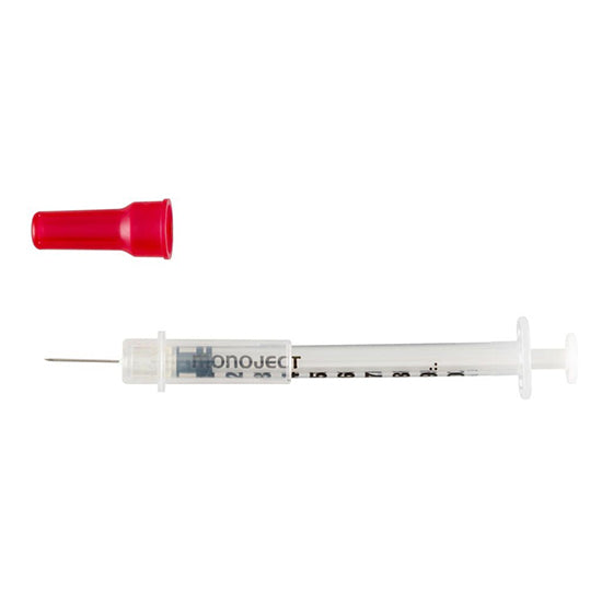 Cardinal Health Monoject Tuberculin Safety Syringe with Permanent Needle, 1mL, 28G x 1/2" (8881511201)