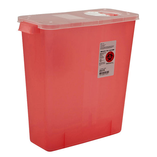 Cardinal Health Multi-Purpose Sharps Container with Hinged Rotor Lid, 3 Gallon, Transparent Red (8527R)