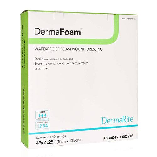 DermaRite DermaFoam Waterproof Foam Wound Dressing, 6" x 6" (00292E)