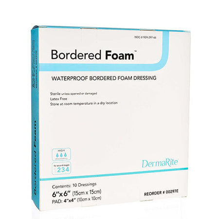 DermaRite Bordered Foam Waterproof Bordered Foam Dressing, 6" x 6" (00297E)