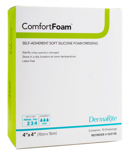 DermaRite ComfortFoam Self-Adherent Soft Silicone Foam Dressing, 4" x 4" (00315E)