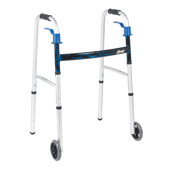 Drive Medical Adult Deluxe, Trigger Release Folding Walker with 5" Wheels, Flame Blue Crossbrace (10226-1)