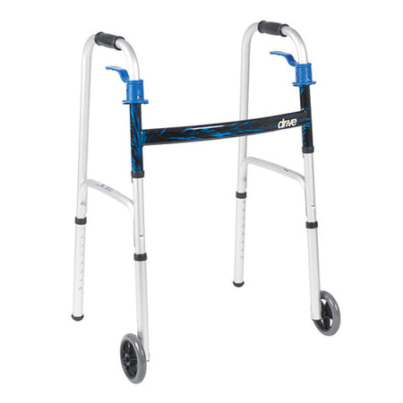 Drive Medical Adult Deluxe, Trigger Release Folding Walker with 5" Wheels, Flame Blue Crossbrace (10226-1)