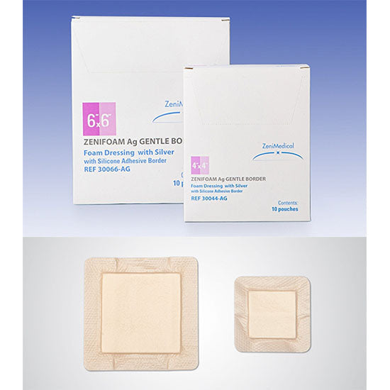 ZeniMedical ZeniFoam AG Gentle Border Polyurethane Foam Dressing, 6" x 6" (30066-AG)