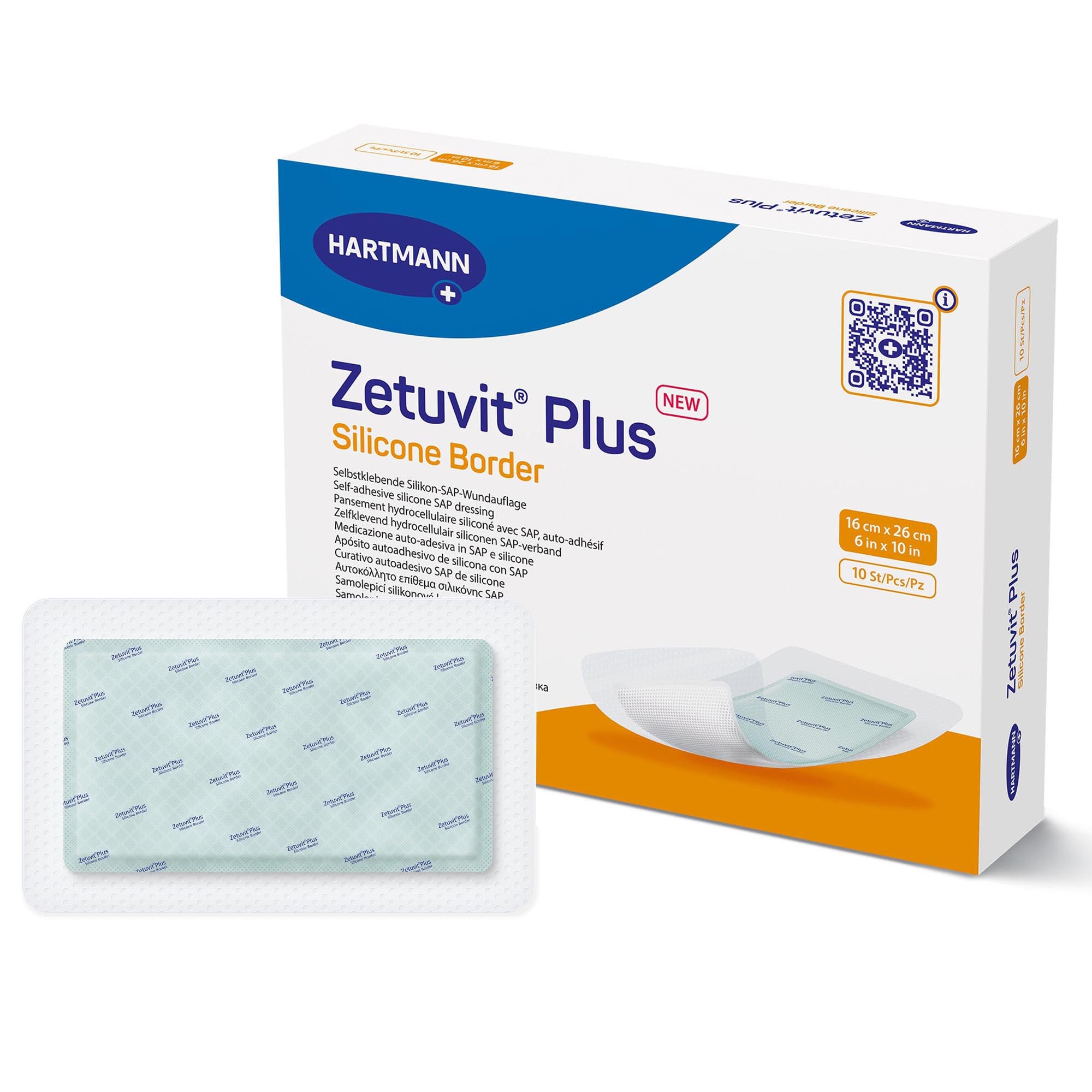 Hartmann Conco Zetuvit Plus Silicone Border Superabsorbent SAP Dressing with Silicone Adhesive, 6" x 10" (413904) - Box