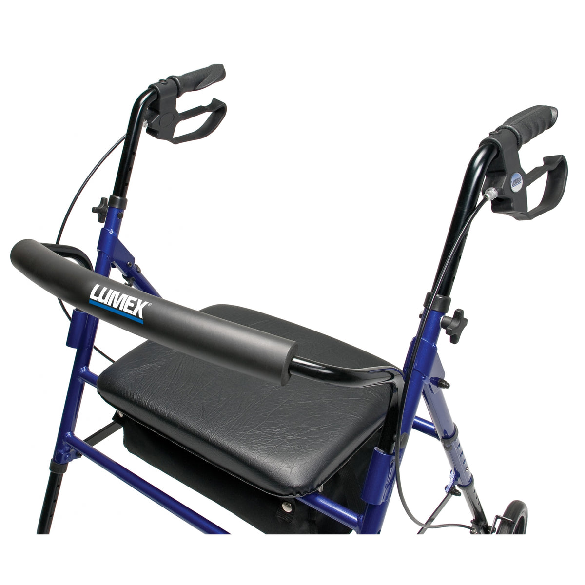 Lumex Set n Go Wide Height Adjustable Rollator / Walker in Blue - Front Seat and Back Bar Close Up View