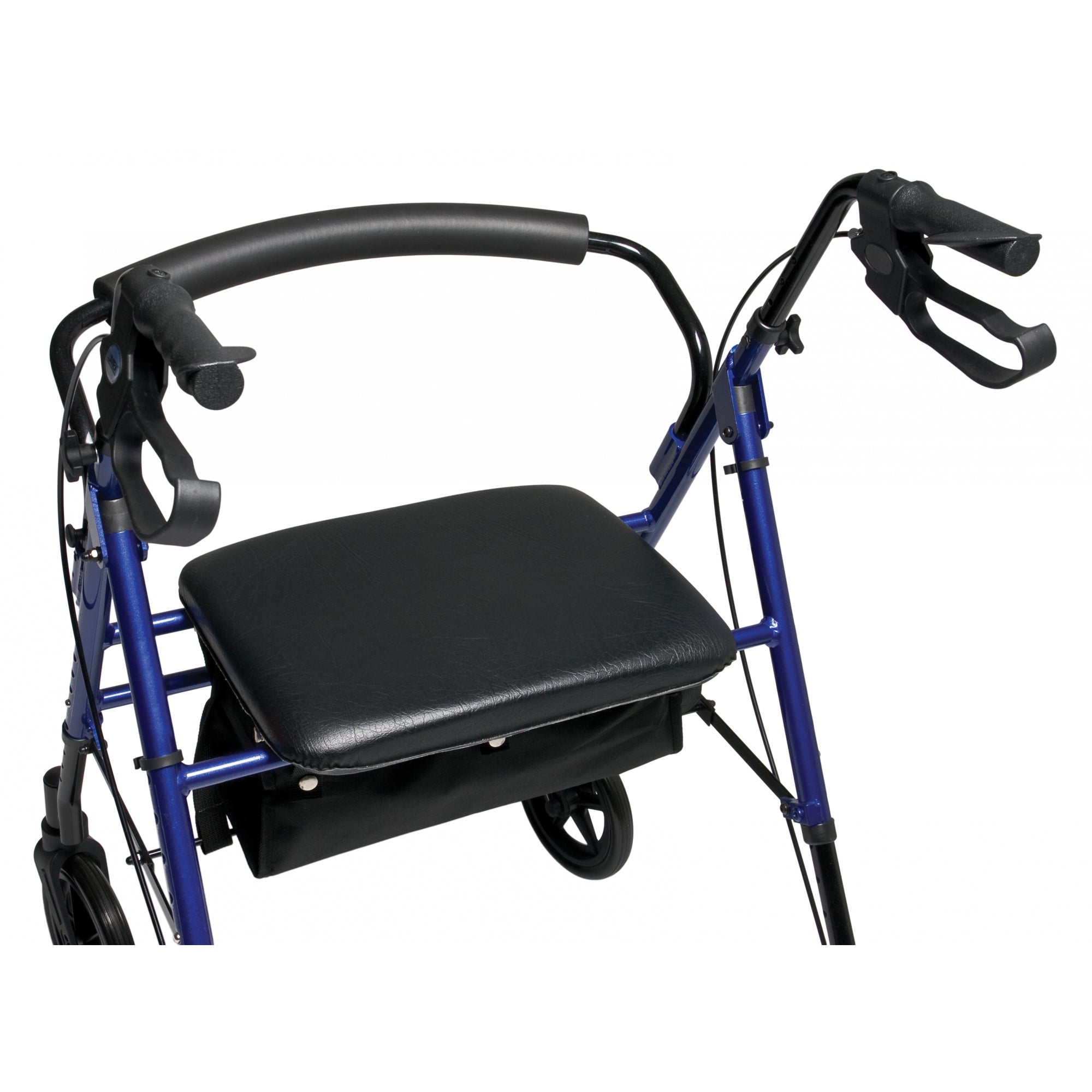 Lumex Set n Go Wide Height Adjustable Rollator / Walker in Blue - Close Up Seat and Hand Brake View