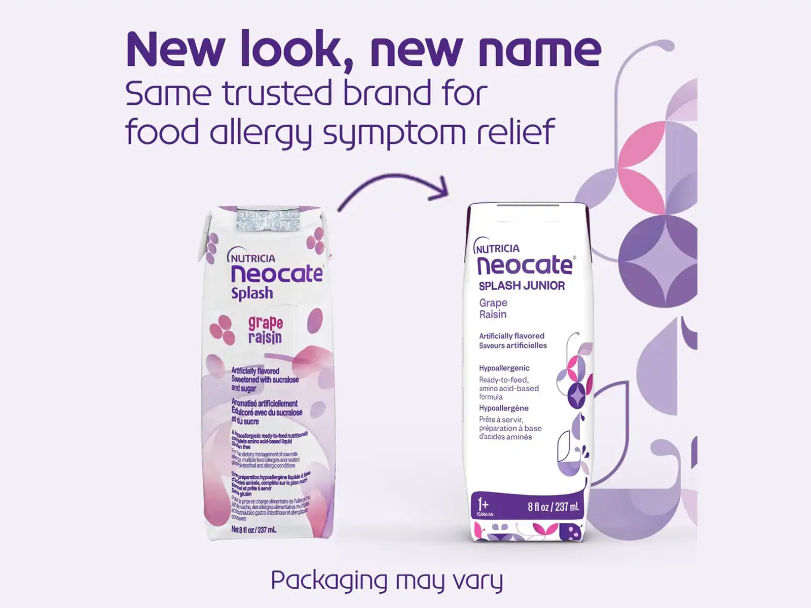 Nutricia Neocate Splash Junior, Grape, 8oz (122435A) - Packaging new and old view