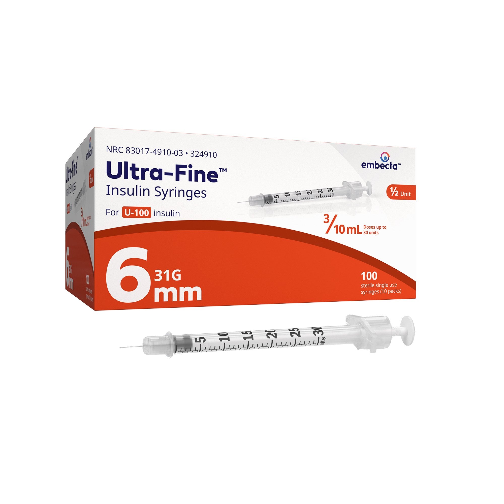 Becton Dickinson Veo Insulin Syringe with BD Ultra-Fine Needle, 31G x 6mm, 3/10 mL/cc (324910)
