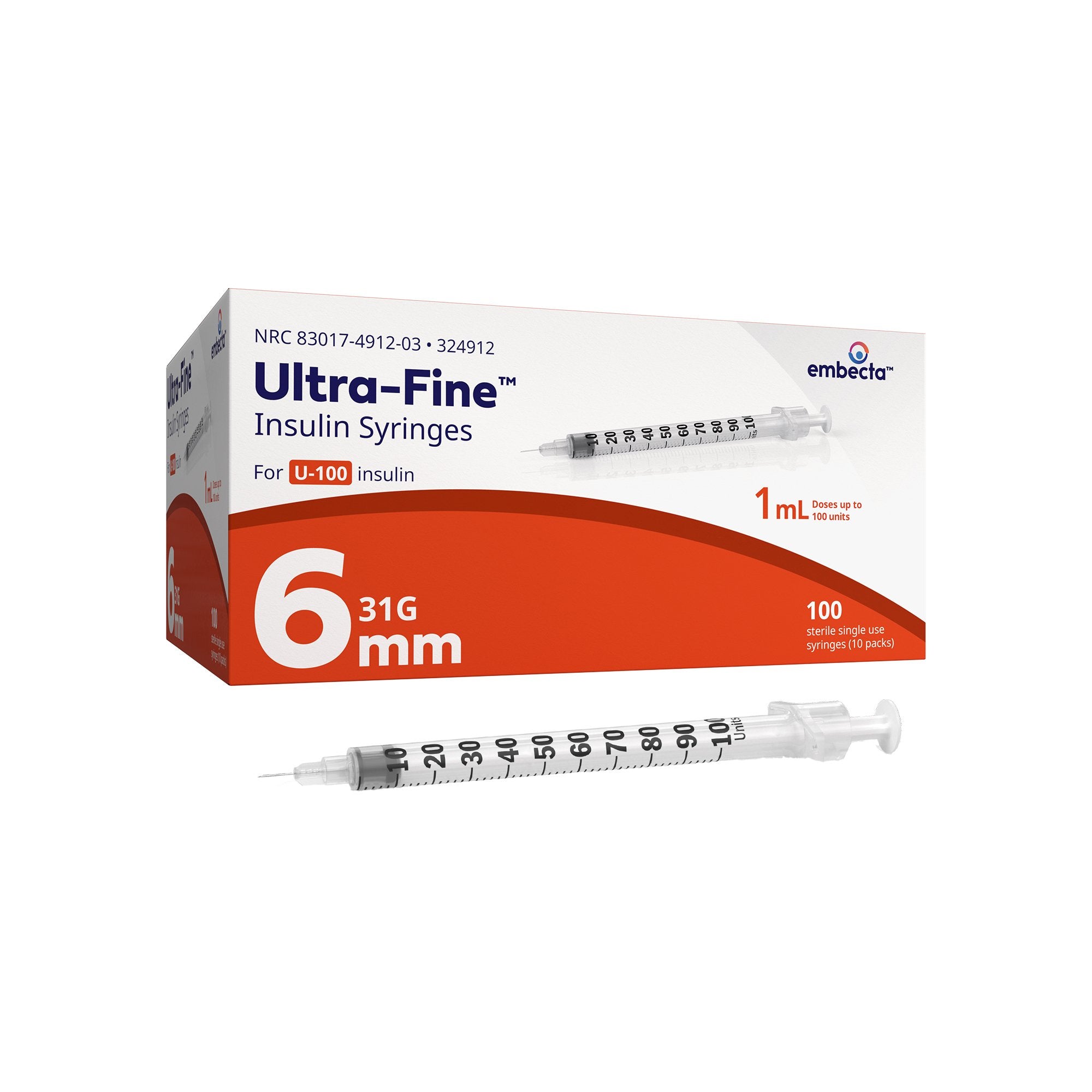 Becton Dickinson Veo Insulin Syringe with BD Ultra-Fine Needle, 31G x 6mm, 1 mL/cc (324912)