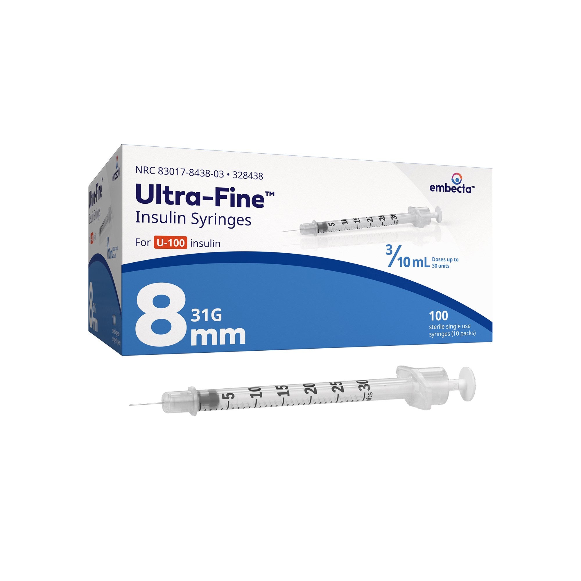 BD/Embecta Insulin Syringes with the BD Ultra-Fine Needle, 31G x 5/16" (328438)