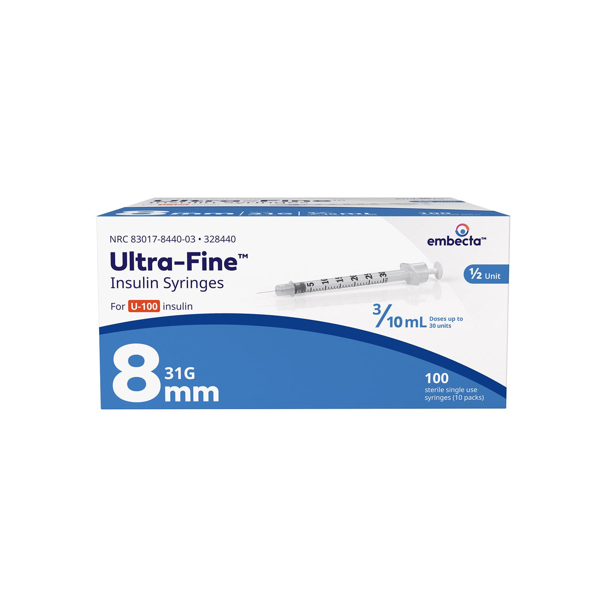 BD/Embecta Insulin Syringes with the BD Ultra-Fine Needle, 31G x 5/16" (328440)