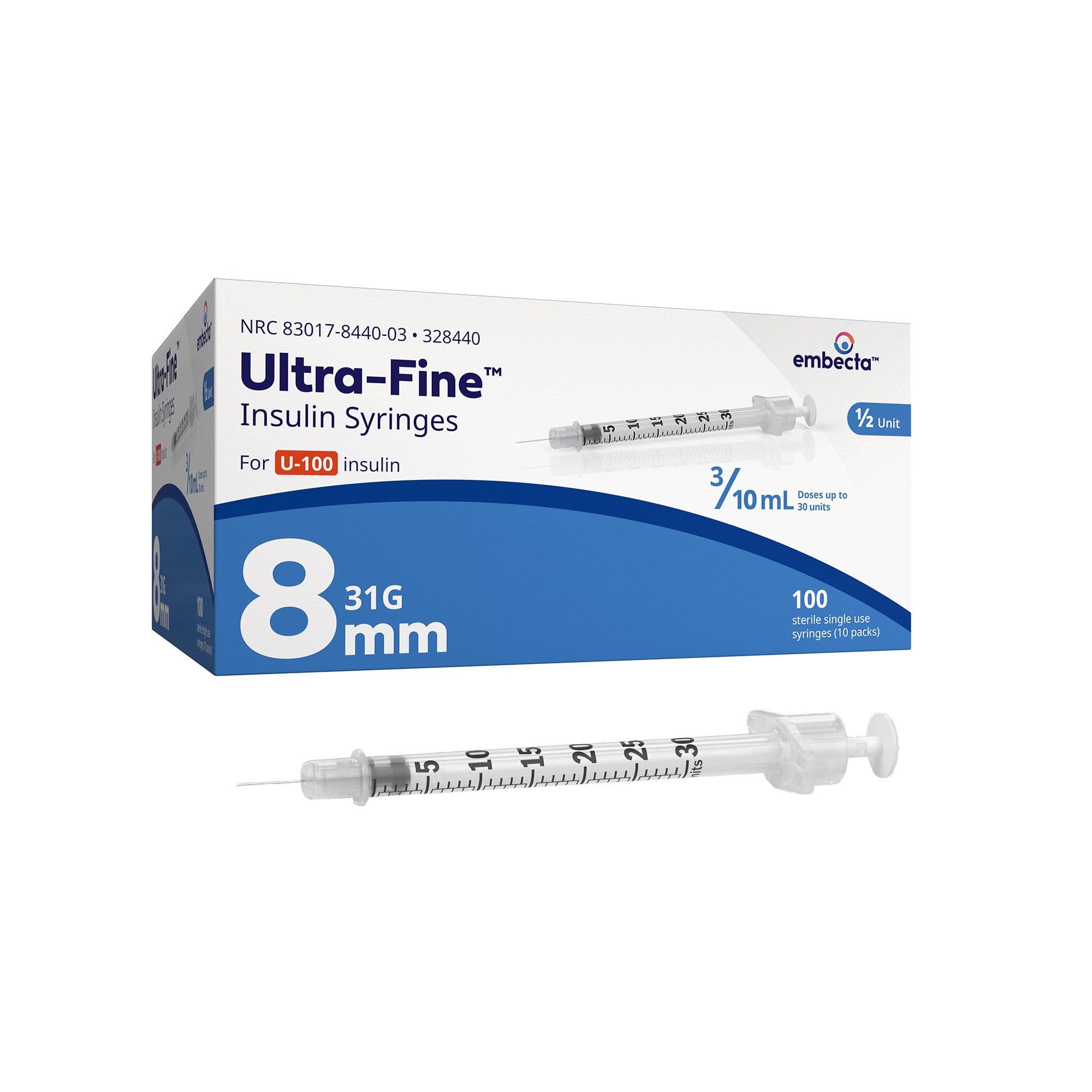 BD/Embecta Insulin Syringes with the BD Ultra-Fine Needle, 31G x 5/16" (328440)