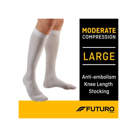 3M FUTURO Anti-Embolism Stocking, Knee Length, Closed Toe, Large Regular, White (71057EN)