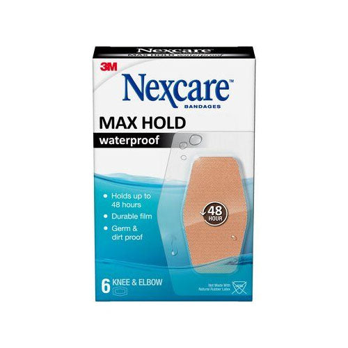 3M Nexcare Max Hold Waterproof Bandage, Knee and Elbow, 6 Count (MHW-06)