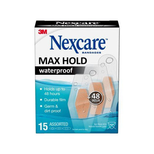3M Nexcare Max Hold Waterproof Bandage, Assorted, 15 Count (MHW-15)