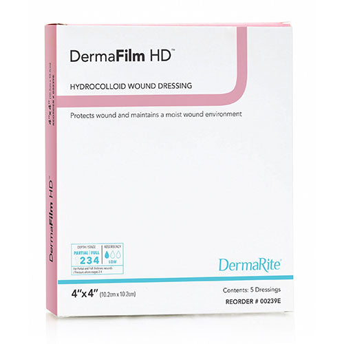 DermaRite DermaFilm Hydrocolloid Wound Dressing, Thin with Border, 4" x 4" (259)