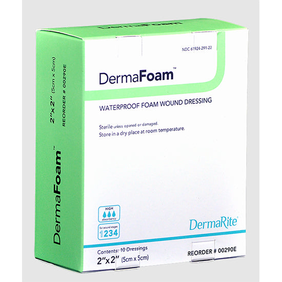 DermaRite DermaFoam Waterproof Foam Wound Dressing, 2" x 2" (00290E)