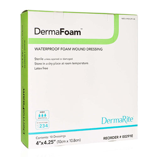 DermaRite DermaFoam Waterproof Foam Wound Dressing, 4" x 4.25" (00291E)