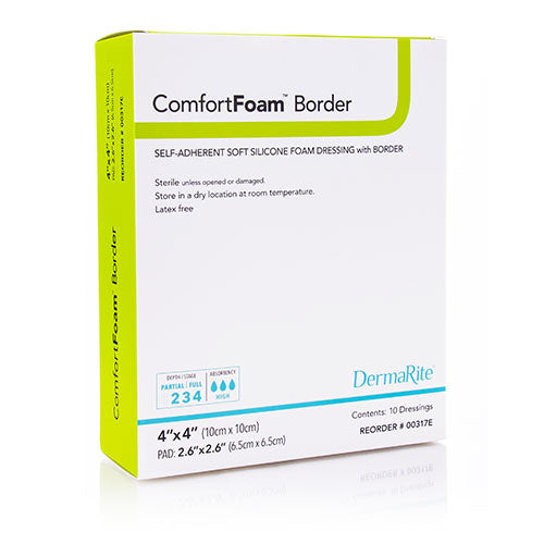 DermaRite ComfortFoam Border Soft Silicone Foam Dressing, 4" x 4" (00317E)
