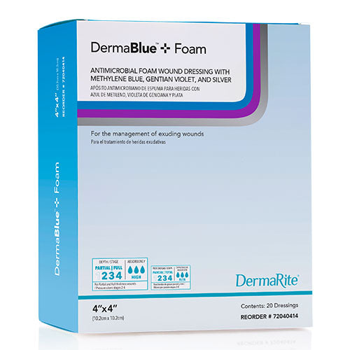 DermaRite DermaBlue Foam Antimicrobial Foam Wound Dressing, 4" x 4" (76040414)