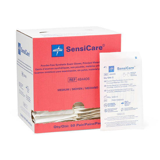 Medline SensiCare Sterile Powder-Free Stretch Vinyl Exam Gloves, Pairs, Medium (484406)