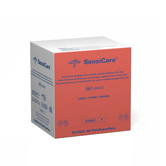 Medline SensiCare Sterile Powder-Free Stretch Vinyl Exam Gloves, Pairs, Large (484407)