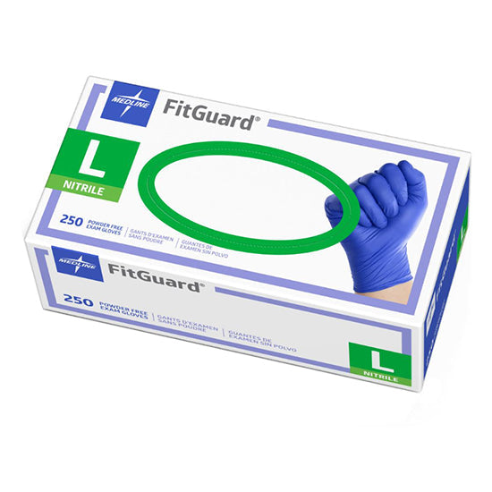 Medline FitGuard Powder-Free Nitrile Exam Gloves with Textured Fingertips, Large, Blue (FG2503)
