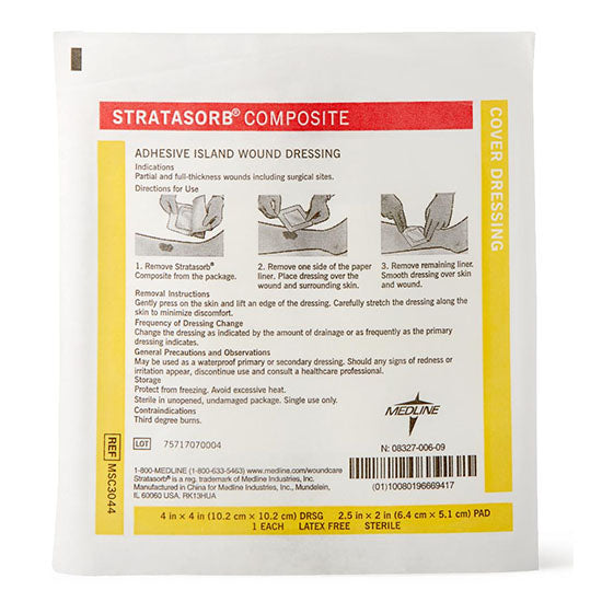 Medline Stratasorb Composite Adhesive Island Wound Dressings, 4" x 4" (MSC3044)