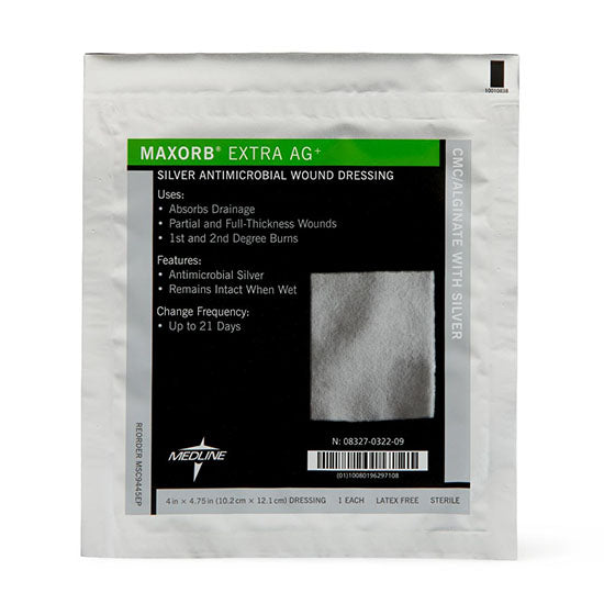 Medline Maxorb Extra Ag+ CMC / Alginate Dressing, 4" x 4.75" (MSC9445EP)