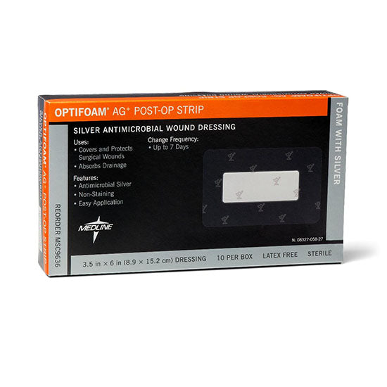 Medline Optifoam AG+ Silver Antimicrobial Post-Op Wound Strip Dressing, 3.5" x 6" (MSC9636)