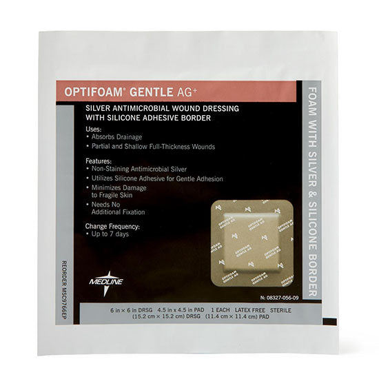 Medline Optifoam Gentle AG+ Wound Dressing with Silicone Adhesive Border, 6" x 6" (MSC9766EP)