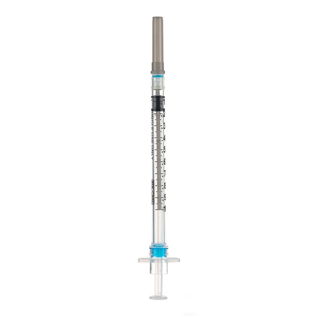 Sol Millennium SOL-CARE 1ml Safety Syringe w/Fixed Needle 25G x 1" Flu Tray (100088IM)